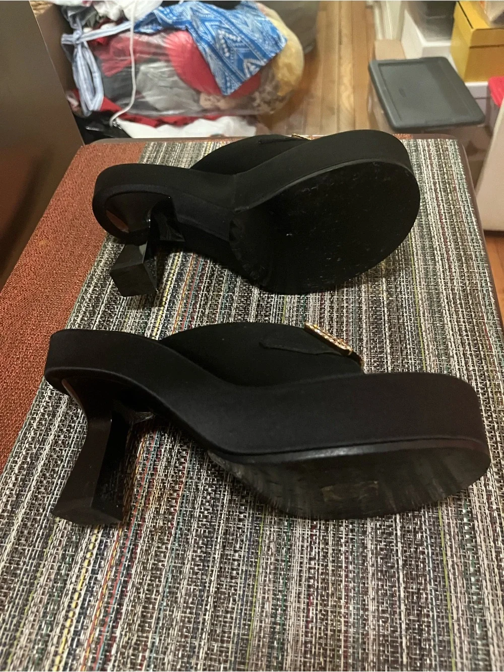 Versace Black Platform Slide Sandals with Gold Medallion Accent - Picture 5 of 8